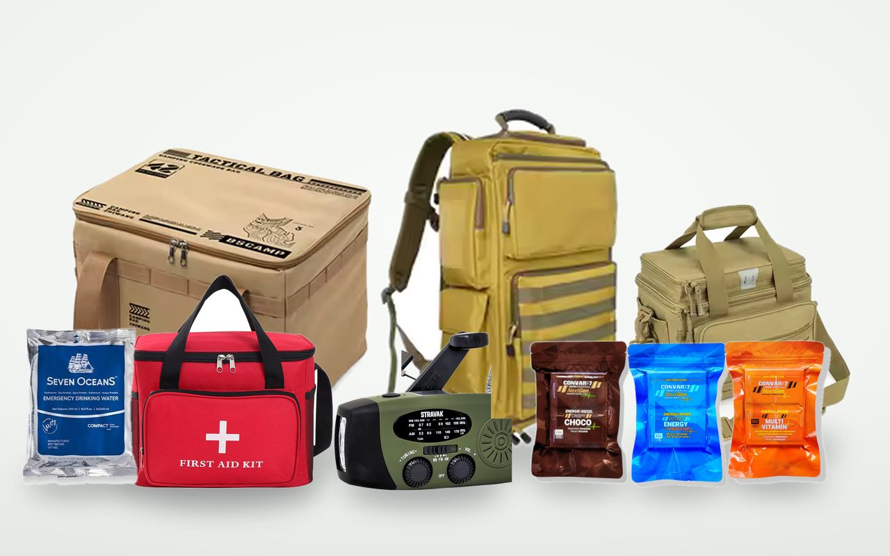 Kit d'urgence Previkit : sac tactique, sac de sur-emballage, trousse de secours, radio à manivelle, rations et eau de secours