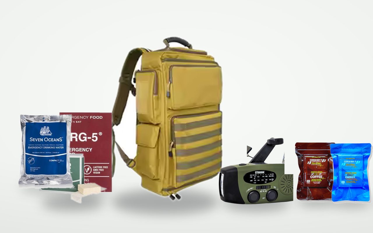 Kit Previkit en sac tactique : radio à manivelle, rations et eau